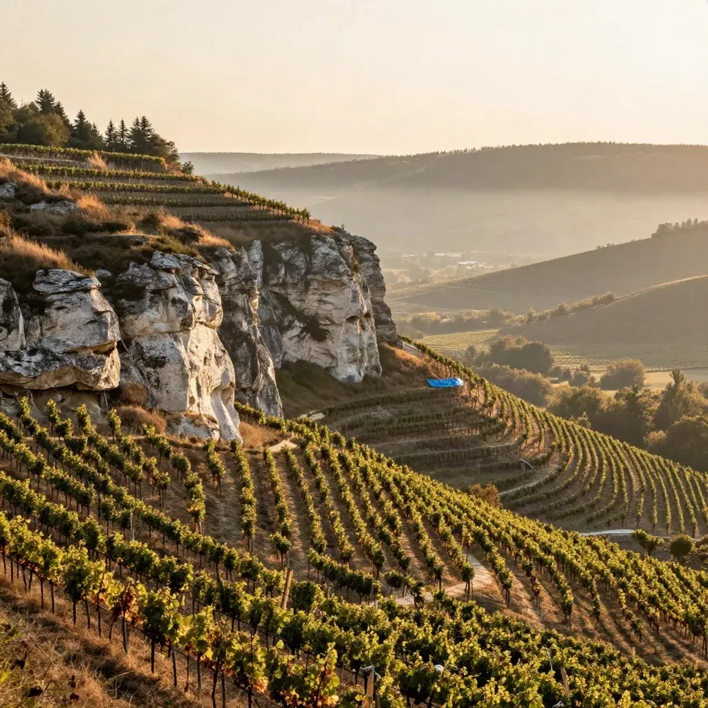 Pálavské vápencové útesy nad vinicemi v teplém západu slunce a jemné oparu.